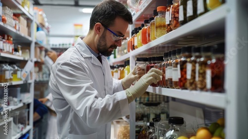 Food quality control expert inspecting specimens of groceries in the laboratory photo