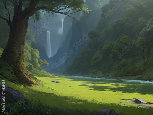 Cartoon Background Nature Scene Trees, Grass, Small Stream Distant Waterfalls