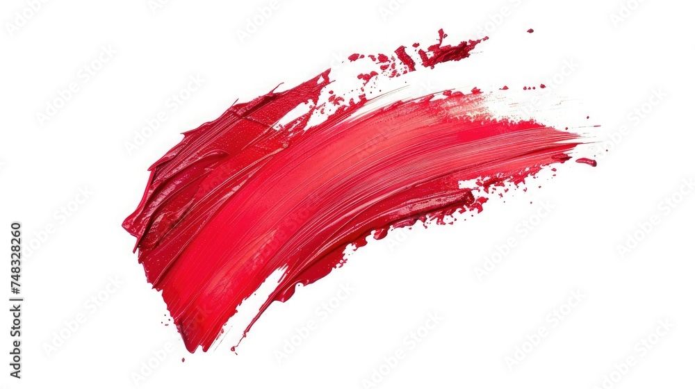 Lipstick smear smudge swatch isolated on white background. Cosmetic make up texture. Bright red color creme lip stick stroke swipe sample