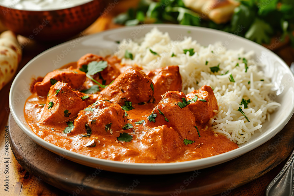 A plate of butter chicken, a popular Indian dish made with chicken in a spiced tomato-based sauce. The dish is usually served with rice or naan bread