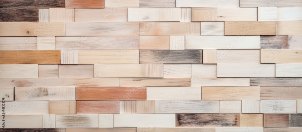 Detailed view of a wall constructed using fine, arranged pale vintage wood planks. The wood planks are closely fitted together, showcasing the natural texture and patterns of the wood.