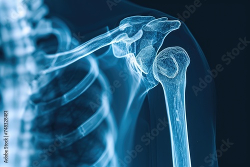 This photo depicts an x-ray image of the shoulder and the bones within it, X-ray visual of a human shoulder in 3D, AI Generated