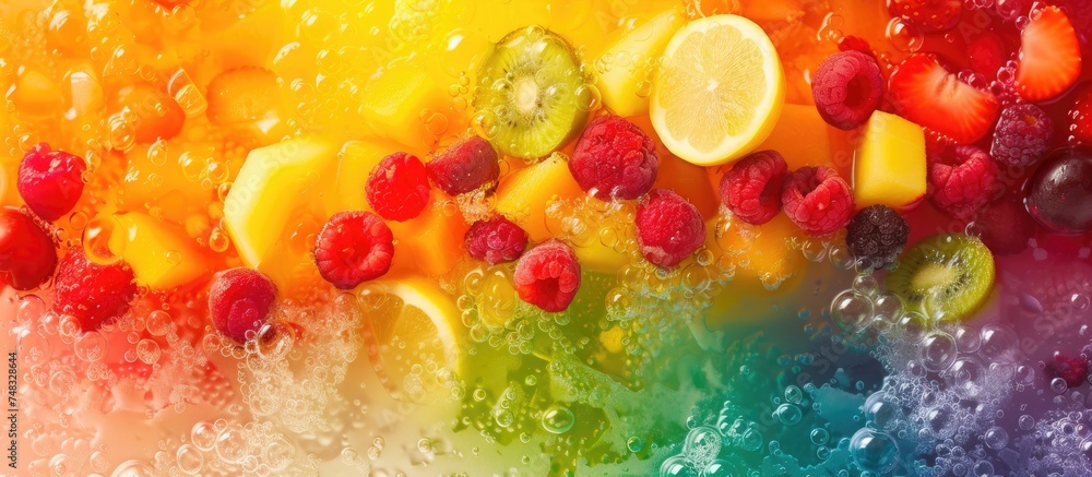 A collection of various fruits, including oranges, strawberries, grapes, and kiwis, floating in clear water. The fruits create a vibrant and colorful scene as they bob gently on the waters surface. A collection of various fruits, including oranges, strawberries, grapes, and kiwis, floating in clear water. The fruits create a vibrant and colorful scene as they bob gently on the waters surface.