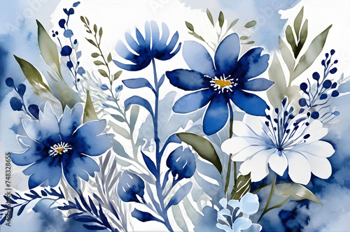 Watercolor illustration of simple wildflowers and leaves in blue tones
