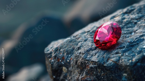 Red Ruby gemstone Round Cut on stone background, close up shot