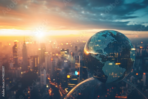 Capture the essence of globalization and urbanization with this intriguing photo featuring a globe in the midst of a bustling city, A concept of the global economy, AI Generated photo