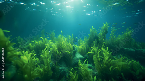 Seaweed and natural sunlight underwater seascape in the ocean