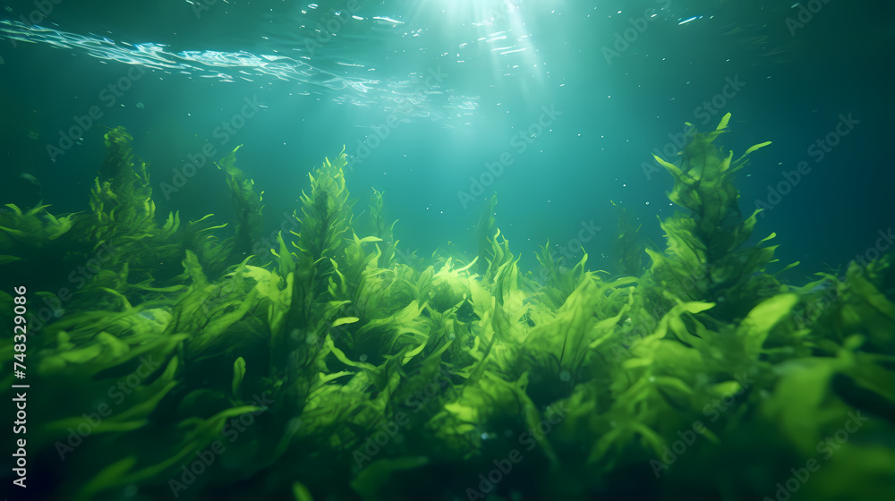 Seaweed and natural sunlight underwater seascape in the ocean Seaweed and natural sunlight underwater seascape in the ocean