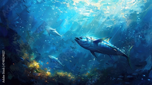 Underwater wild world with tuna fishes