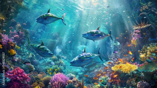 Underwater wild world with tuna fishes photo