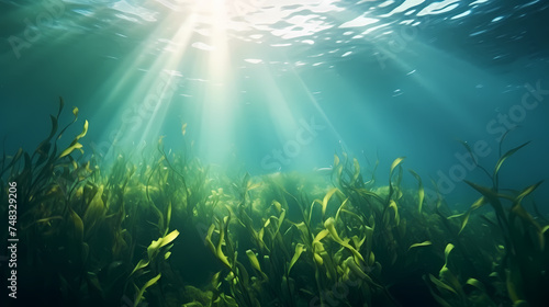 Seaweed and natural sunlight underwater seascape in the ocean