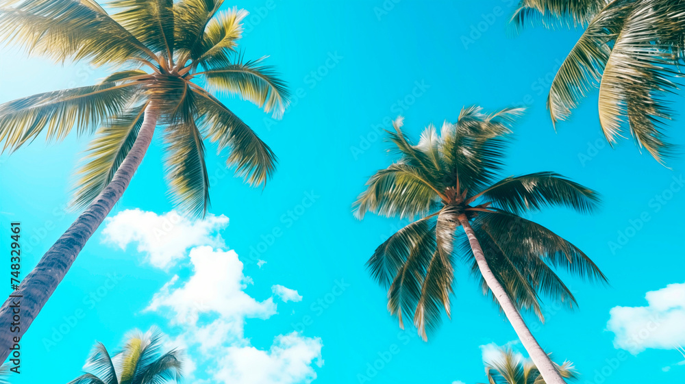 Palm trees against the background of a blue bright cloudless blue sky. Tropical plant, view from bottom to top. Beautiful tropical background with trees Palm trees against the background of a blue bright cloudless blue sky. Tropical plant, view from bottom to top. Beautiful tropical background with trees