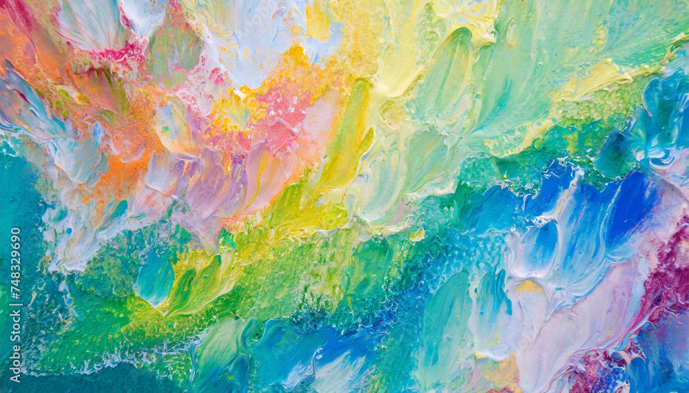 Close up abstract colorful gradient rainbow acrylic painting on canvas. Oil paint texture with brush strokes
