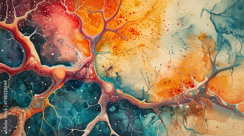 Illustration of neuron anatomy. Neuroscience, neurology, nervous system and impulse, brain activity, microbiology concepts. Artist vision. photo