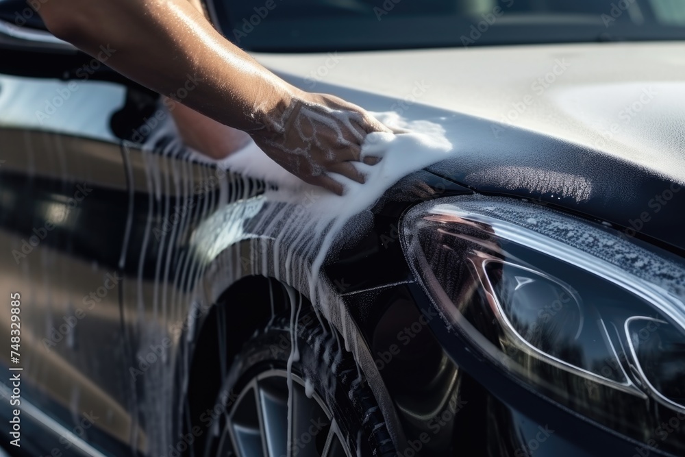 Manual car wash with white soap foam on the body. Washing Car Using High Pressure Water. Manual car wash with white soap foam on the body. Washing Car Using High Pressure Water.