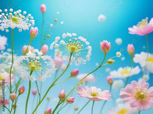 vibrant and whimsical floral illustration, featuring an array of colorful blooms against serene sky-blue background