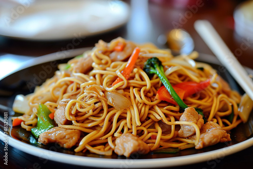 A plate of chow mein, a Chinese dish consisting of noodles stir-fried with vegetables and sometimes meat or tofu © mila103