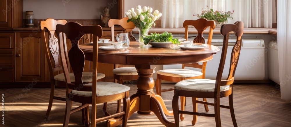 A wooden kitchen table is surrounded by four chairs, with a vase of fresh flowers as a centerpiece. The classic furniture set gives a traditional and inviting feel to the kitchen space.