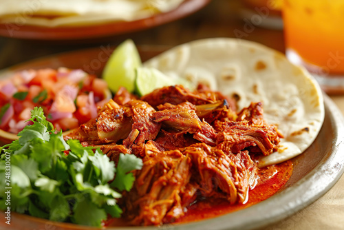 A plate of cochinita pibil, a traditional Mexican dish made with slow-roasted pork, achiote paste, and orange juice, often served with tortillas