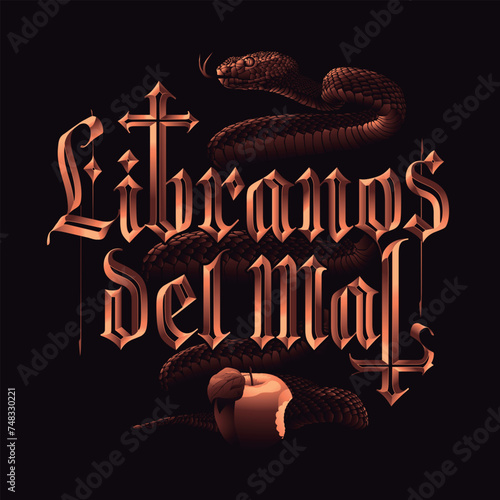 deliver us from evil, golden lettering with snake with Eden´s apple, vector art illustration.