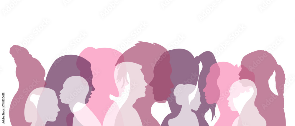 Silhouettes of people of different nationalities standing side by side.Silhouettes of a group of people.Vector illustration.