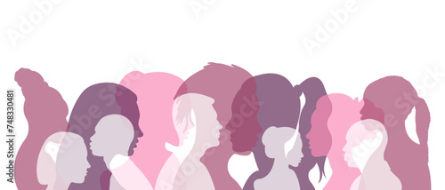 Silhouettes of people of different nationalities standing side by side.Silhouettes of a group of people.Vector illustration.