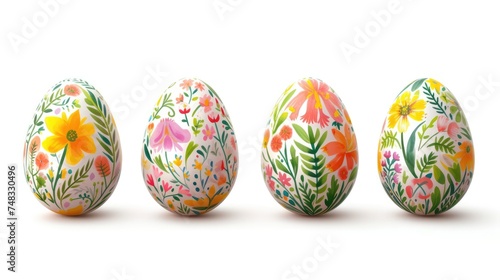 Delicately painted Easter eggs stand out against a clean white background  showcasing intricate patterns and vibrant colors.