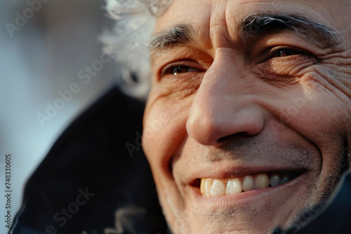 A close-up of head with gray hair and a smile