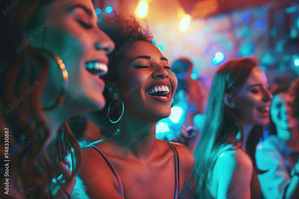 Multiracial female friends dancing at the nightclub
