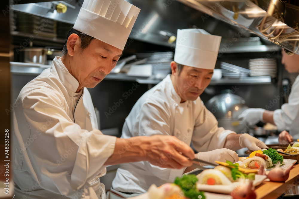 Two chefs in a professional kitchen carefully plating dishes with precision, focus on fresh ingredients and presentation Two chefs in a professional kitchen carefully plating dishes with precision, focus on fresh ingredients and presentation