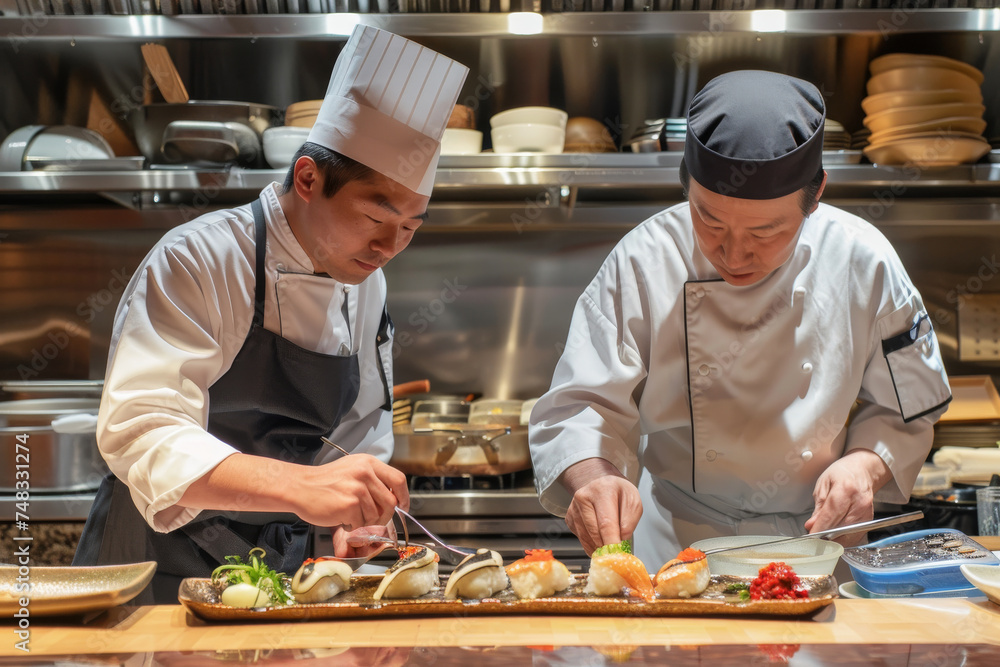 Professional chefs in a bustling kitchen expertly assembling sushi dishes with precision, showcasing culinary skill and fresh ingredients