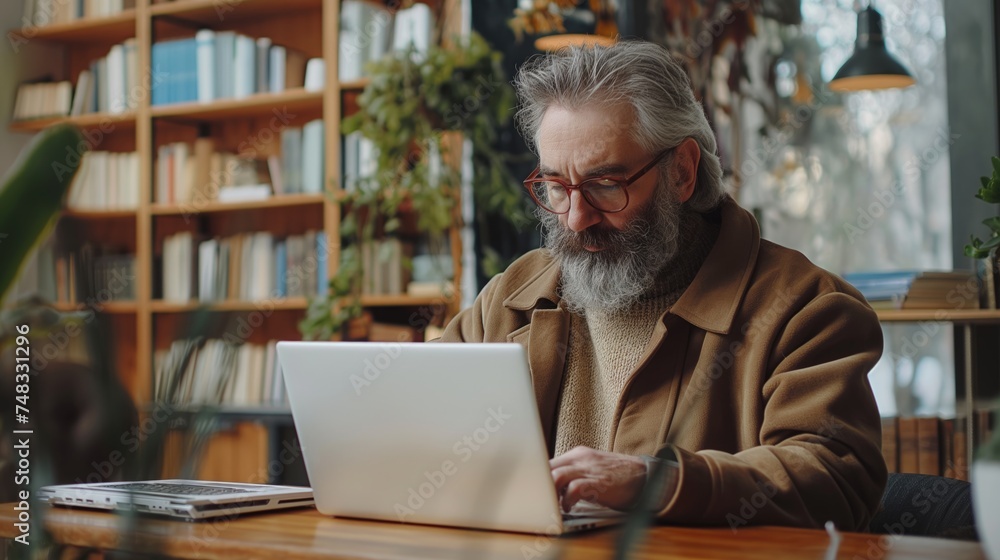 Portrait of senior man in eyeglasses using laptop while sitting at home Portrait of senior man in eyeglasses using laptop while sitting at home