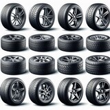 A realistic vector set depicting car tires with various tread marks. This collection of vector wheel icons showcases different tire designs, making it suitable for applications related to tire shops,