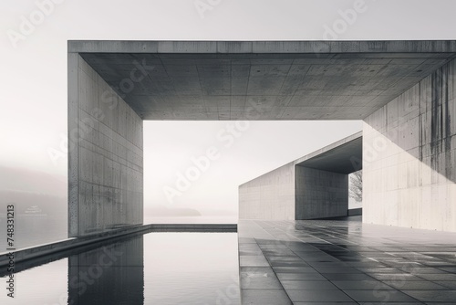 A serene, modern, architectural design featuring a large concrete structure with a reflective pool in a misty environment