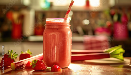Strawberry rhubarb smoothie, strawberry smoothie, berry smoothie, healthy smoothie, smoothie in a mason jar