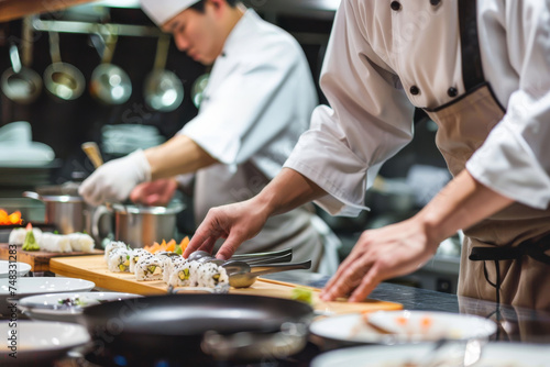 Professional chefs are shown making sushi rolls in a commercial kitchen  capturing the art of Japanese cuisine
