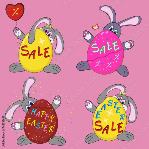 Vector set of Easter Rabbit with Egg where is it written Sale. For Easrer, holiday store sales, discount