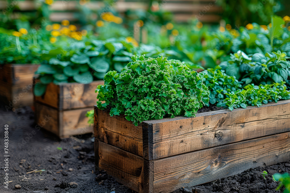 Raised bed homegrown vegetable garden in wooden planter boxes with companion plants to ward off pests and diseases. Raised bed homegrown vegetable garden in wooden planter boxes with companion plants to ward off pests and diseases.