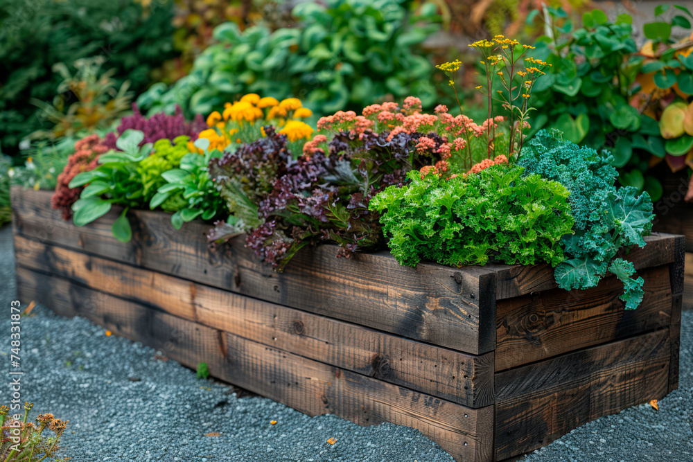 Raised bed homegrown vegetable garden in wooden planter boxes with companion plants to ward off pests and diseases. Raised bed homegrown vegetable garden in wooden planter boxes with companion plants to ward off pests and diseases.