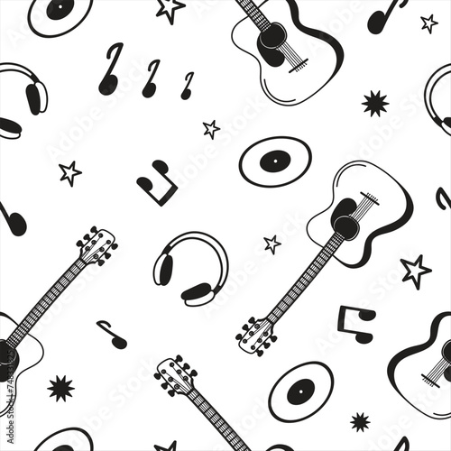 Seamless pattern with musical elements.Pattern with guitars,stars,notes,headphones.Doodle vector illustration.