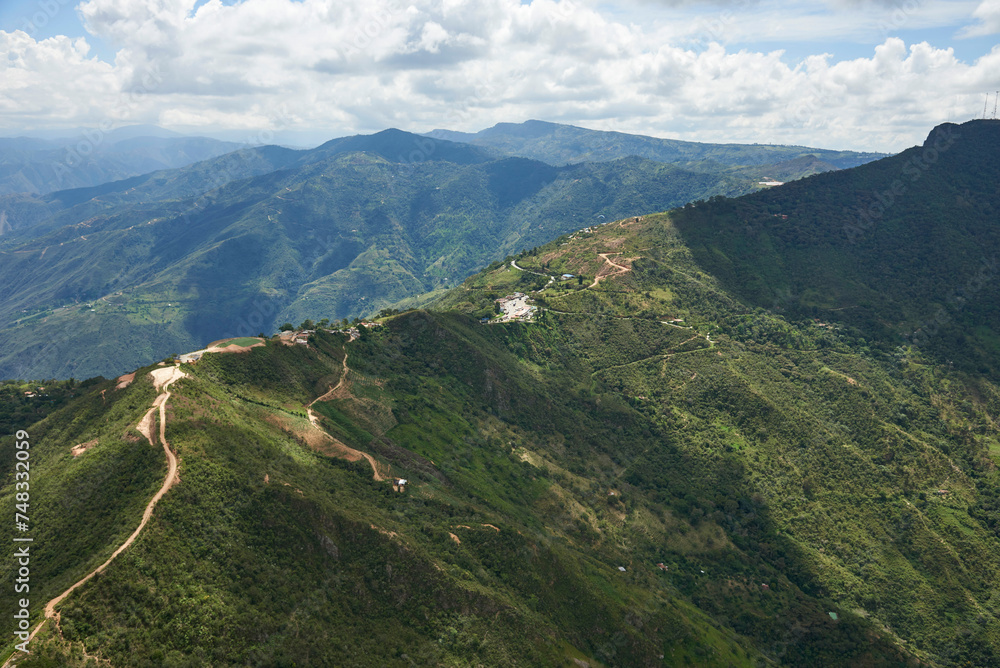 Aerial view, from a paraglider, of a mountain landscape in Santander, Colombia