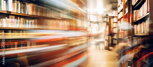 A library filled with countless books. The shelves are blurred, creating a sense of depth and volume in the space.