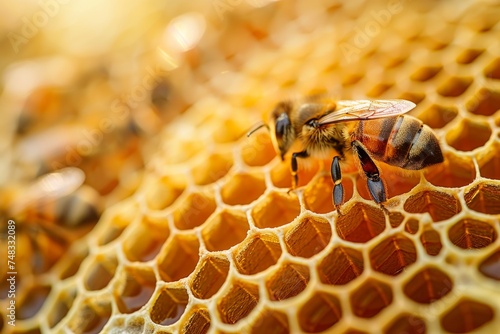 Vivid capture of a honeybee intricately interacting with a honeycomb's cells