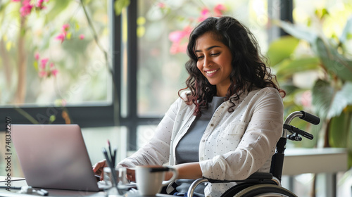 Happy Indian Woman in Wheelchair Working on Laptop