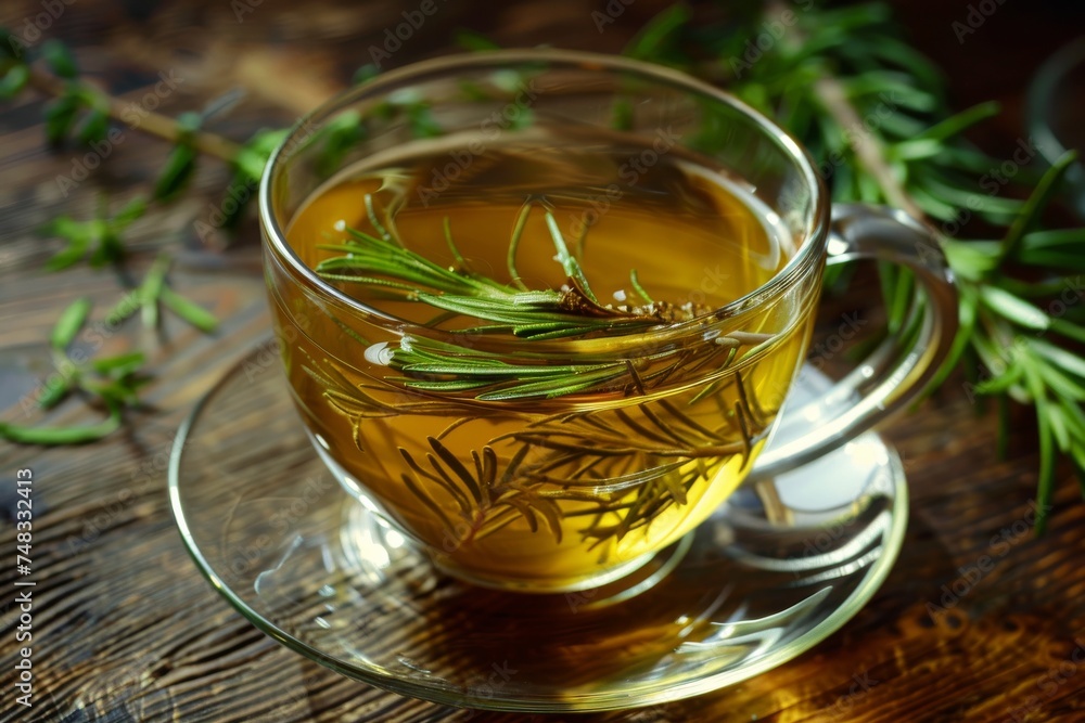 An aromatic herbal rosemary tea served in a clear glass cup, exemplifying health and natural wellness