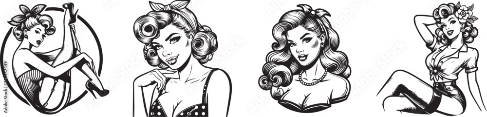 Vector silhouette and portrait of pin up girls, beauty womens vector