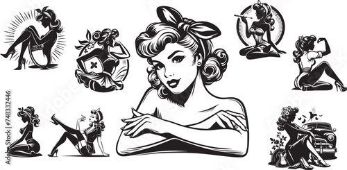 black and white illustration of pin-up girls shilouette vector photo