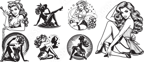 vector hand drawing pin-up girl, women beauty set vector