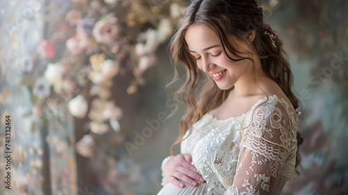 pregnancy, love, people and expectation concept, happy Pregnant woman touching belly