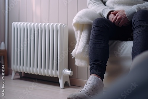 Warming Feet on White Radiator, Man Warms his Feet at Home, Cold Winter, Expensive Electricity Saving Concept